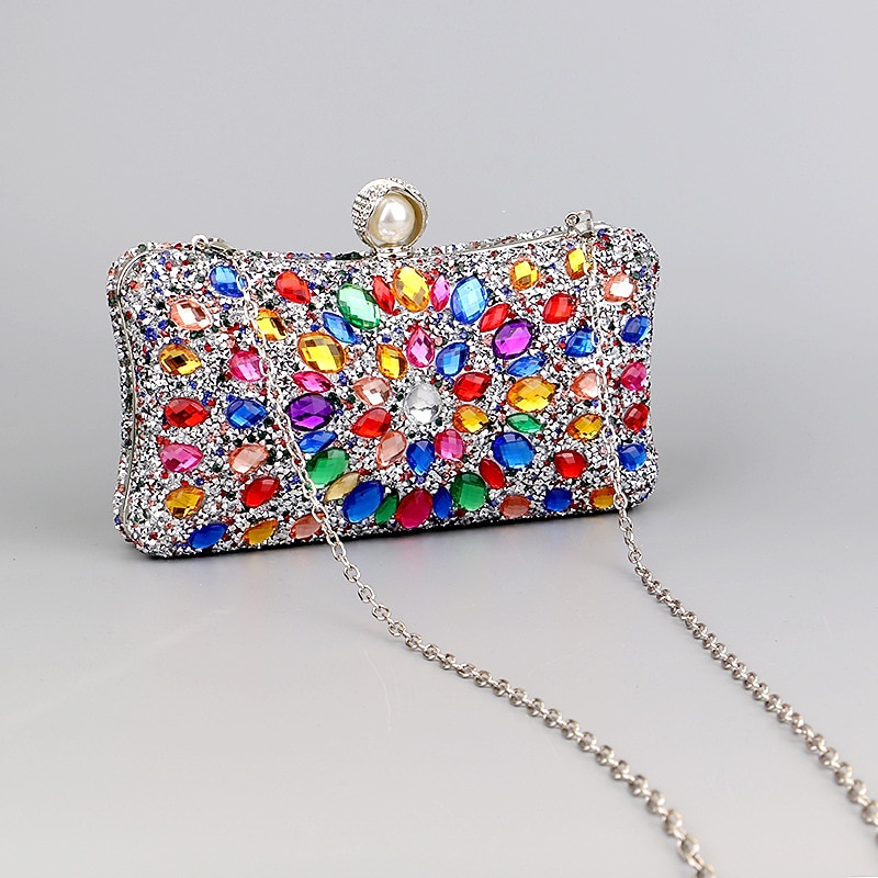 Women's Clutch Evening Bag Wristlet Clutch Bags Polyester Party Daily Bridal Shower Rhinestone Pearls Chain Large Capacity Lightweight Durable Solid Color Color Block Silver Light Blue Silver color2