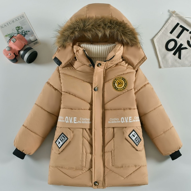 Kids Boys Down Coat Outerwear Solid Color Long Sleeve Coat Outdoor Cool Adorable Daily Black Blue Brown Winter 3-7 Years3