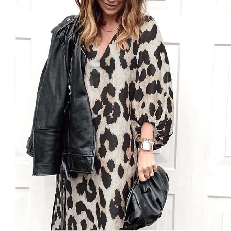 Women's Midi Dress Casual Dress Boho Chic Dresses Long Sleeve Boho Dress Bohemia Casual Lantern Sleeve Vacation Holiday Going out Regular Fit Leopard 3/4 Length Sleeve V Neck Leopard Summer Spring3