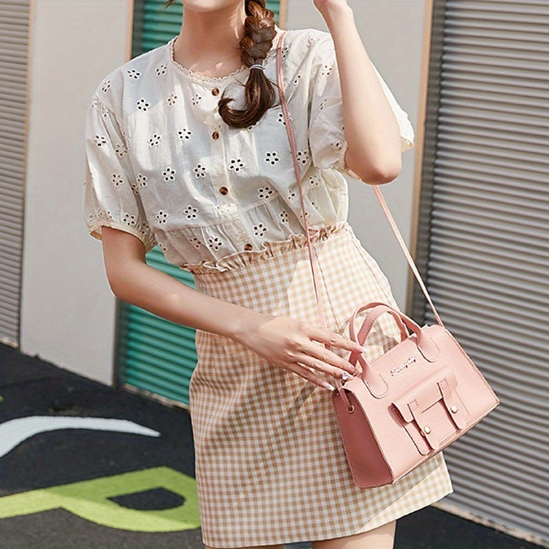 Women's White Faux Leather Handbag with Top Handle and Front Buckle Detail – Elegant Structured Satchel for Office, Travel, and Daily Use2