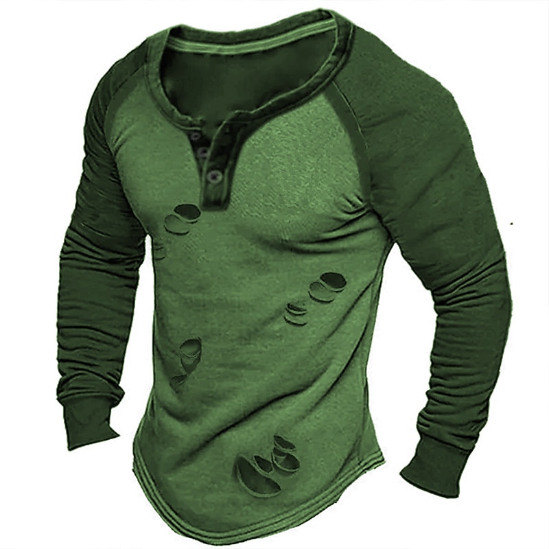 Men's T Shirt Henley Shirt Tee Top Long Sleeve Shirt Long Sleeve Henley Spring &  Fall Color Block Fashion Designer Basic Patchwork Ripped Vacation Street Going out Blue Brown Green Top Tee for Men4