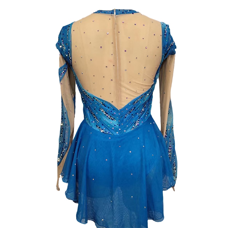 Figure Skating Dress Women's Girls' Ice Skating Dress Blue Patchwork Thumbhole Mesh Spandex Stretchy Training Practice Professional Skating Wear Crystal / Rhinestone Long Sleeve Figure Skating2