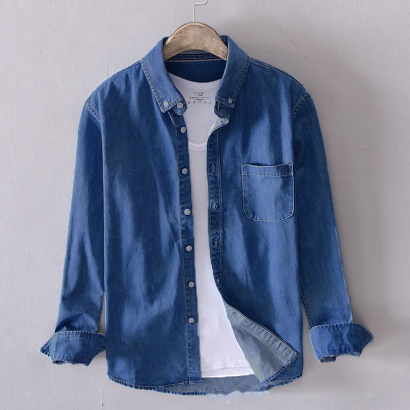 Men's Shirt Jeans Shirt Denim Shirt Casual Shirt Black Blue Light Blue Long Sleeve Plain Lapel Street Vacation Pocket Clothing Apparel Fashion Leisure Hawaiian2