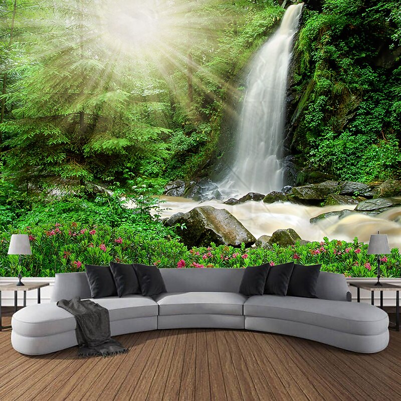 Forest Landscape Waterfall Hanging Tapestry Wall Art Large Tapestry Mural Decor Photograph Backdrop Blanket Curtain Home Bedroom Living Room Decoration3