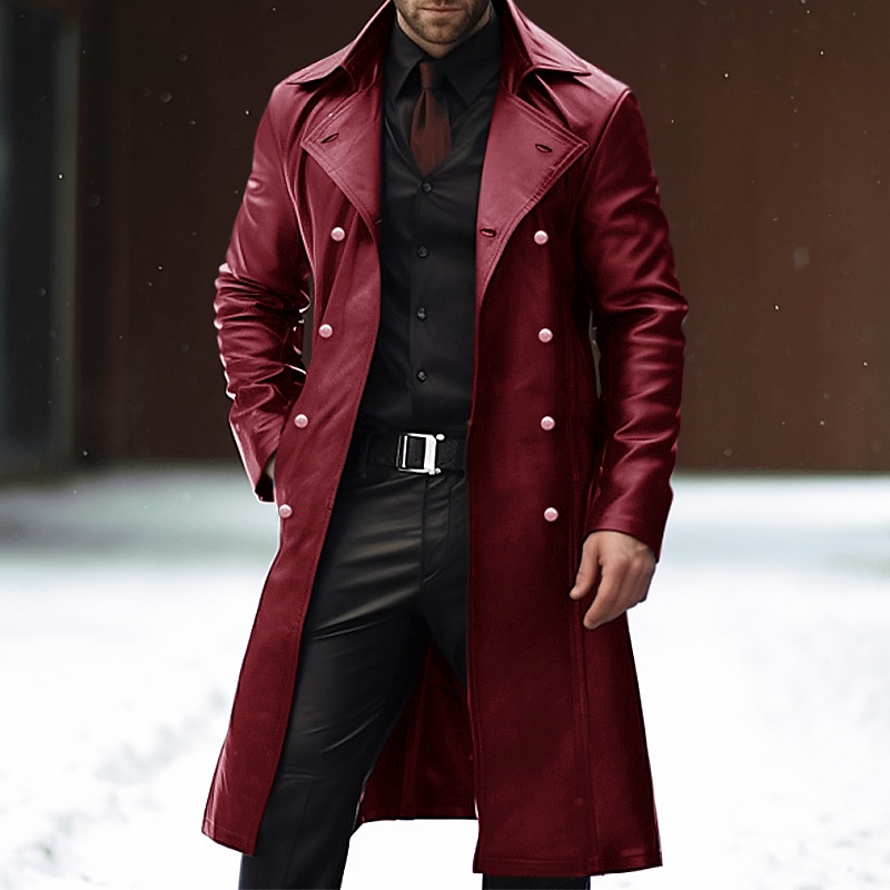 Men's Faux Leather Jacket Winter Coat Transition Jacket Peacoat Trench Coat Office & Career Daily Wear Winter PU Thermal Warm Windproof Outerwear Clothing Apparel Fashion Warm Ups Plain Pocket Lapel