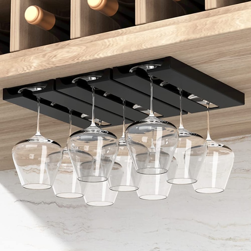 Riipoo Wine Glass Rack Hanger Under Cabinet, Wine Glass Holder Under Shelf, Stemware Rack Black for Cabinet, 2-Pack