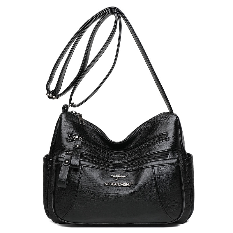 Women's Black Faux Leather Shoulder Bag – Multi-Pocket Crossbody Handbag for Work, Travel, and Daily Use2