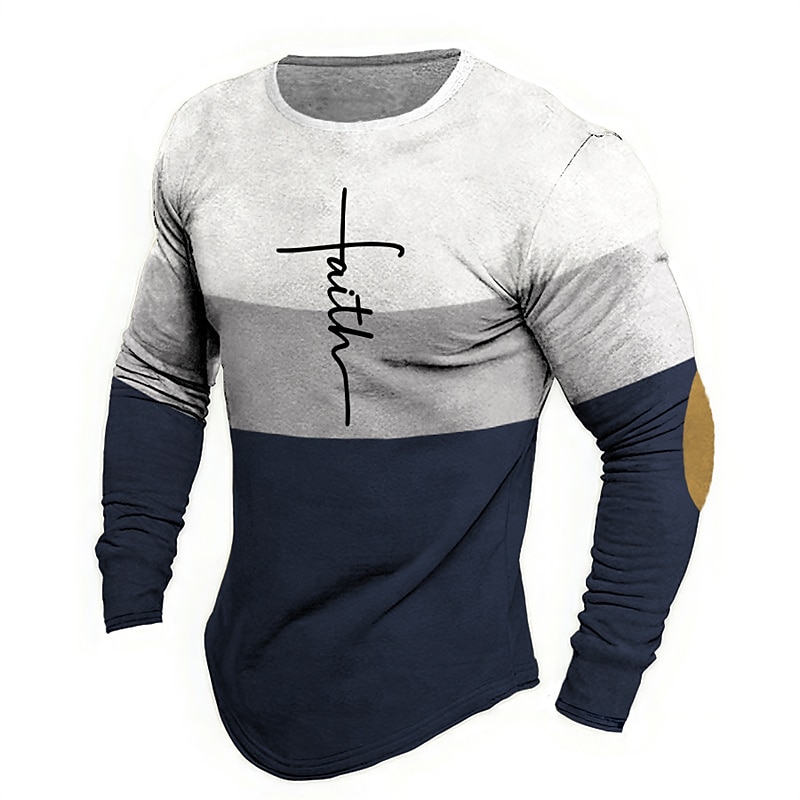 Men's Graphic Faith T Shirt Long Sleeve T shirt 3D Print Crew Neck Shirt Fashion Designer Casual Sports Outdoor Holiday Going out White Light Green Pink Spring &  Fall Clothing Apparel S M L XL 2XL