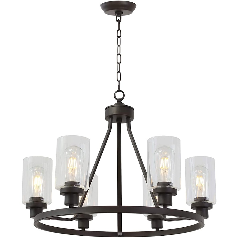 Farmhouse Chandelier 6 Light 25" Black Truck Wheel Pendant Light Round Kitchen Island Lamp for Dining Room Kitchen Bedroom Living Room Foyer Hallway 110-240V2