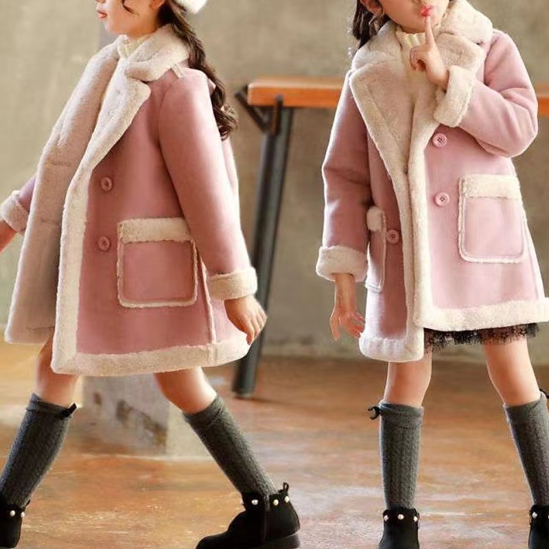 Kids Girls' Winter Coat Sherpa Jacket Kids Winter Jacket Fashion Buttons Performance Cotton Coat Outerwear 4-12 Years Spring Pink Blue