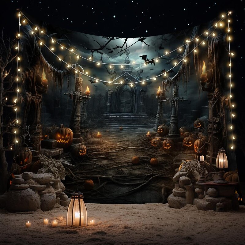 Halloween Pumpkin Graveyard Hanging Tapestry Wall Art Large Tapestry Mural Decor Photograph Backdrop Blanket Curtain Home Bedroom Living Room Decoration Halloween Decorations4