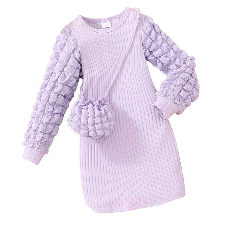 Toddler Girls' Dress Solid Color Long Sleeve School Performance Ruched Active Fashion Polyester Midi Shift Dress Spring Fall 3-7 Years Lavender Purple Black White3