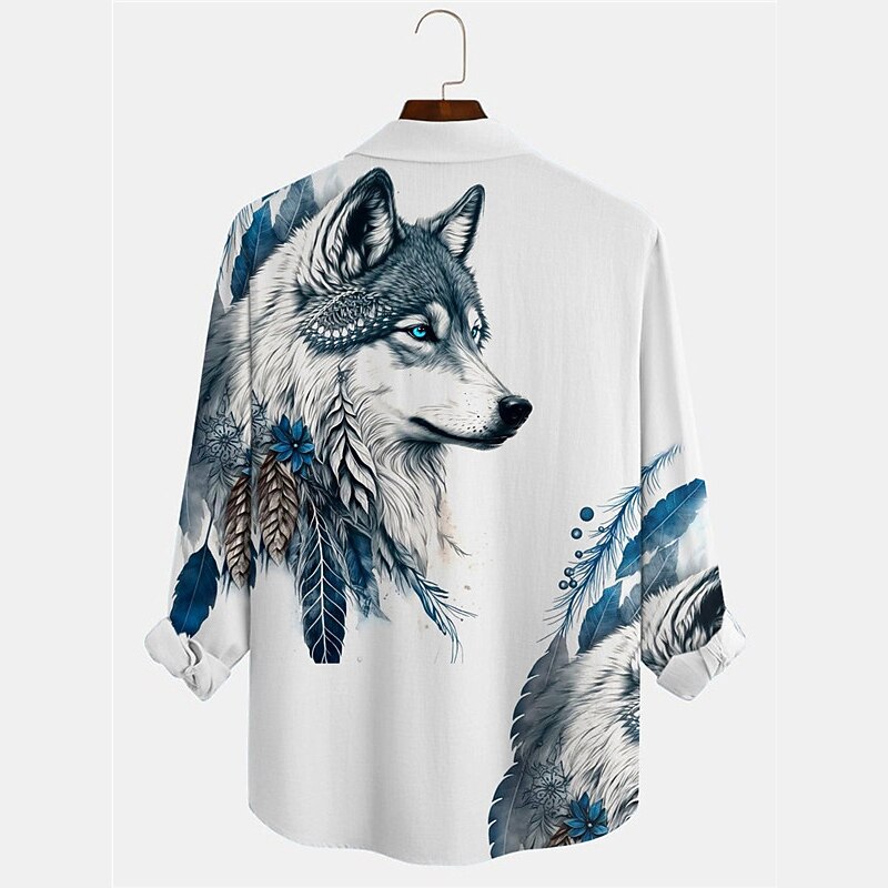 Men's Wolf Shirt Button Up Shirt Long Sleeve Vintage Abstract Outdoor Street Casual Daily Fall & Winter Turndown Buttons Print White2