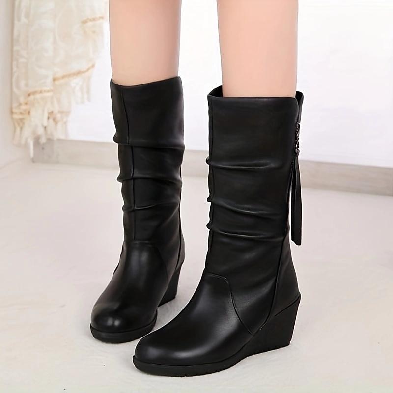 Women's Black Mid - Calf Wedge Boots, Soft Faux Leather with Side Zipper, Stylish & Comfortable for Daily Casual Wear2