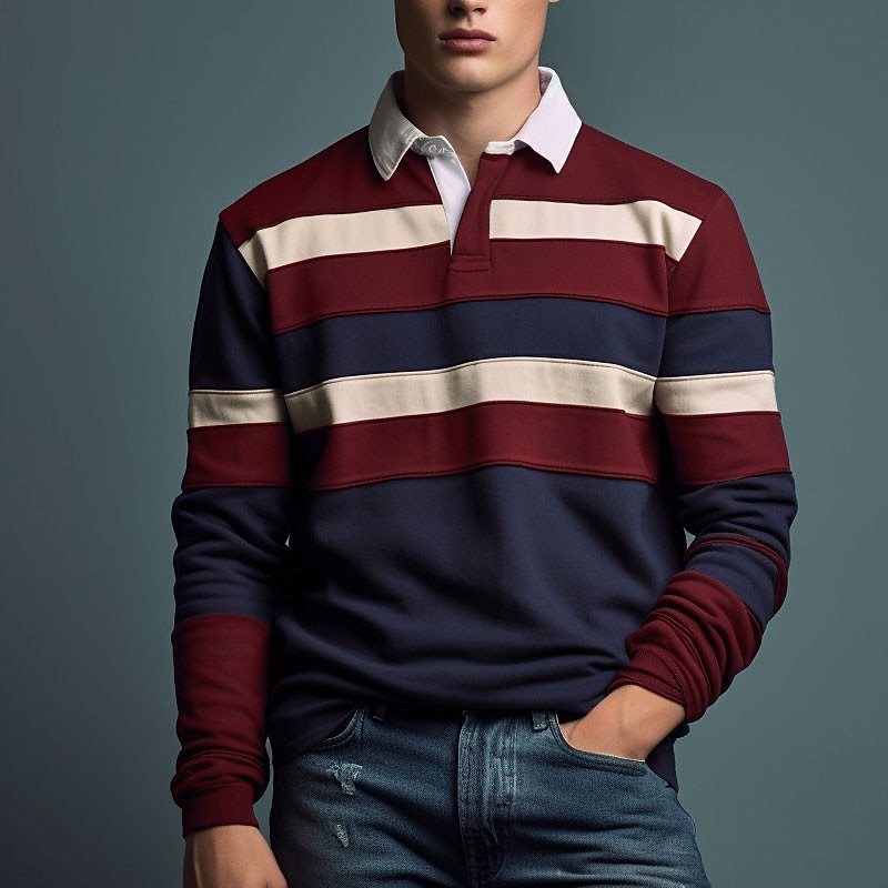 Men's Striped Rugby Polo Shirts Long Sleeve Polo Shirts Zip Casual Outdoor Casual Daily Streetwear 3D Print Fall & Winter Yellow Wine Red4