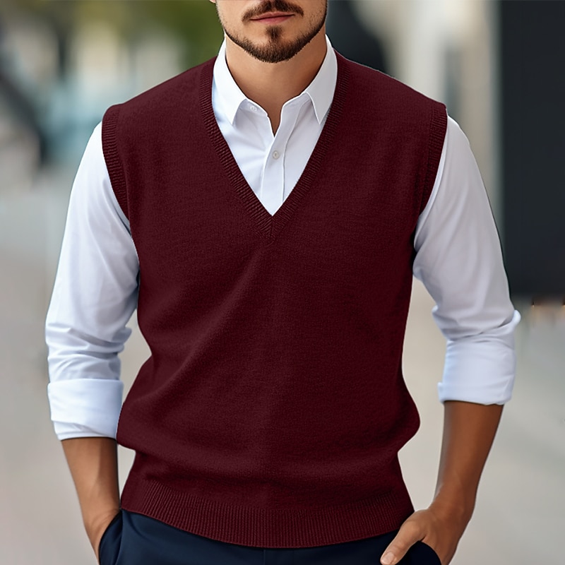 Men's Sweater Vest Dress Sweater Wool Sweater Pullover Sweater Jumper Jumper Ribbed Knit Regular Tops Knitted Plain V Neck Vintage Stylish Work Daily Wear Clothing Apparel Winter Autumn Camel Wine M3