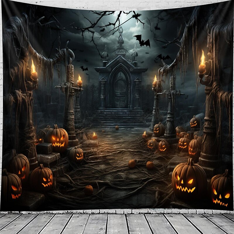 Halloween Pumpkin Graveyard Hanging Tapestry Wall Art Large Tapestry Mural Decor Photograph Backdrop Blanket Curtain Home Bedroom Living Room Decoration Halloween Decorations2