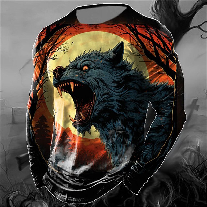 Halloween Men's Graphic Animal Pumpkin T Shirt Long Sleeve T shirt 3D Print Crew Neck Shirt Fashion Designer Casual Sports Outdoor Holiday Going out Black Yellow Orange Spring &  Fall Clothing Apparel3
