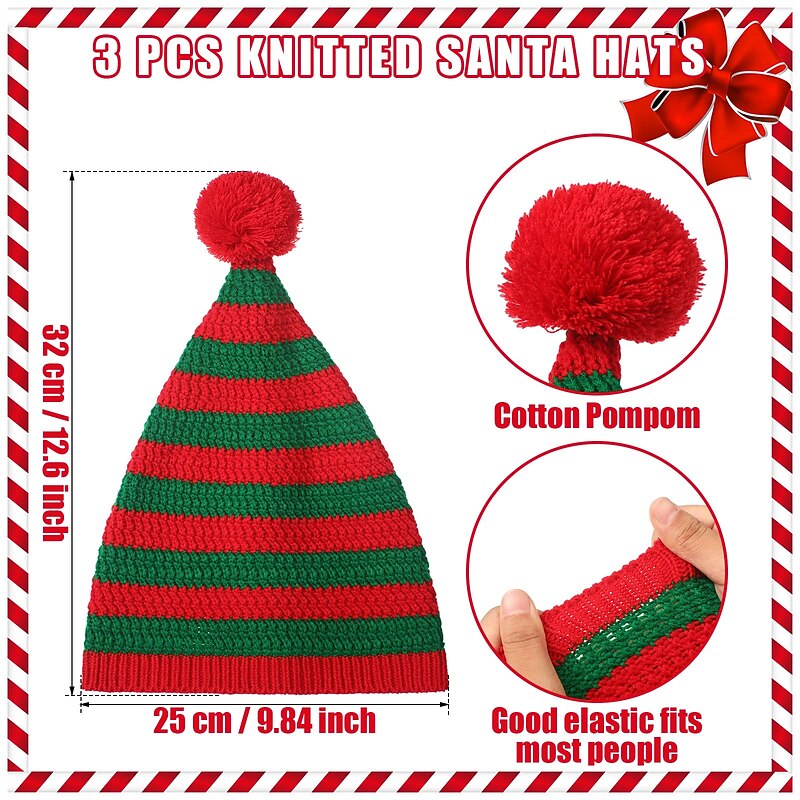 3 Pcs Christmas Knitted Santa Hat Xmas Winter Hats Knit Beanie Soft Adult Skull Cap for Women Men Ski Costume Party2