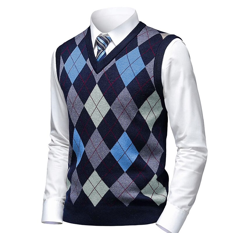 Men's Sweater Sweater Vest Mens Dress Sweaters Pullover Ribbed Knit Knitted Plaid V Neck Stylish Casual Daily Wear Vacation Clothing Apparel Spring &  Fall Camel Wine M L XL2