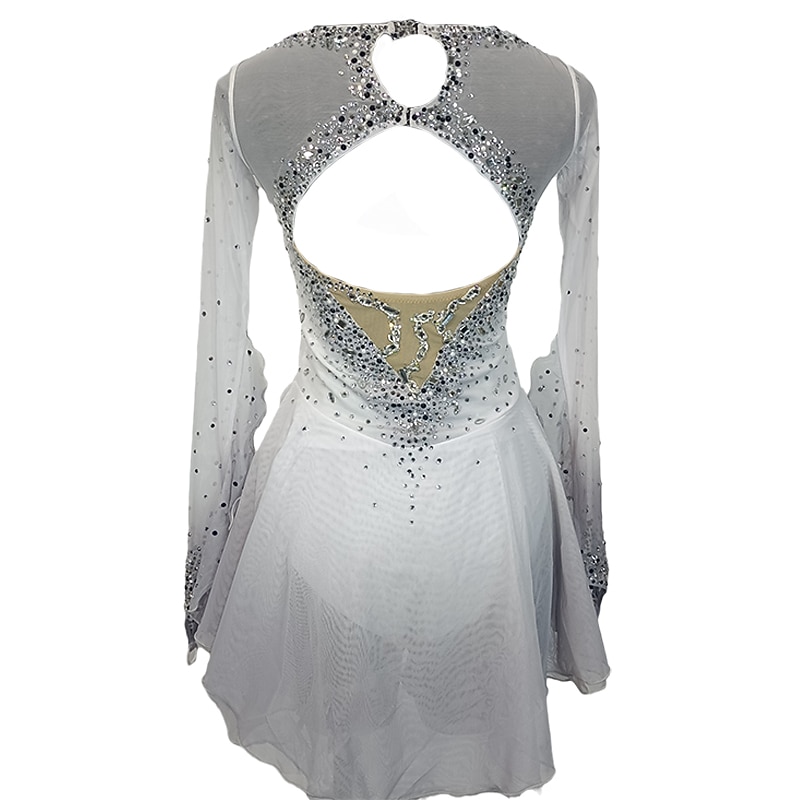 Figure Skating Dress Women's Girls' Ice Skating Dress White Patchwork Thumbhole Mesh Spandex Stretchy Training Practice Professional Skating Wear Crystal / Rhinestone Long Sleeve Figure Skating2