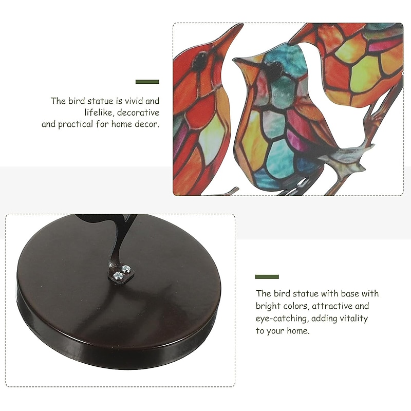 Stained Birds On Branch Desktop Ornaments,Metal Flat Vivid Birds Decorations On Branch,Double Sided Multicolor Hummingbird Craft Statue Table Gift for Bird Lovers4