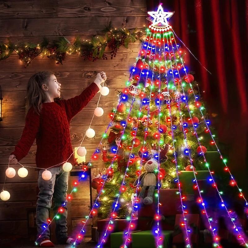 11.5FT 350LED Solar Star String Light Outdoor, Waterfall Lights, Christmas Tree Lights, Easy Installation, Waterproof Christmas Lights For Yard Christmas Decorations Wedding Party Home Garden2