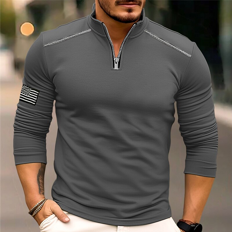 Men's T Shirt Zip Half Shirt Tee Top Long Sleeve Shirt Long Sleeve Quarter Zip Spring &  Fall National Flag Fashion Designer Basic Pocket Vacation Street Going out Dark Gray Blue Red Top Tee for Men4