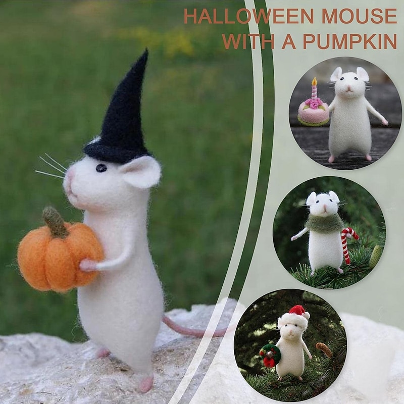Halloween Mouse with Pumpkin, Christmas Mouse with a Gift,Cute Felt Mouse Ornament Needle Felting Mouse, Birthday Mouse, Needle Felting Kit, No Finished DIYKit Pack, Needle Felting Miniature2