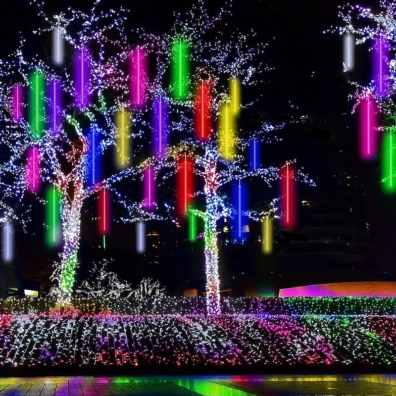 Solar Meteor Shower Rain Lights 30cm/50cm/80cm 8 Tubes Falling Raindrop Fairy String Light Waterproof Plug in Icicle Lights Outdoor for Halloween Christmas Party Patio Decor4