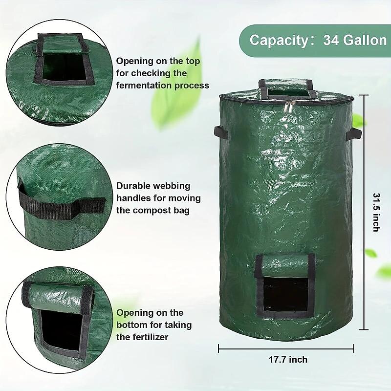 34 Gallon Compost Bin Bag, With Sunroof, Zippered Lid And Handle, Reusable Yard Garbage Bag, Yard Garbage Bag, Lawn Bag, Heavy-duty Garden Bag, Compost Bag, Garbage Bin, Outdoor Container4