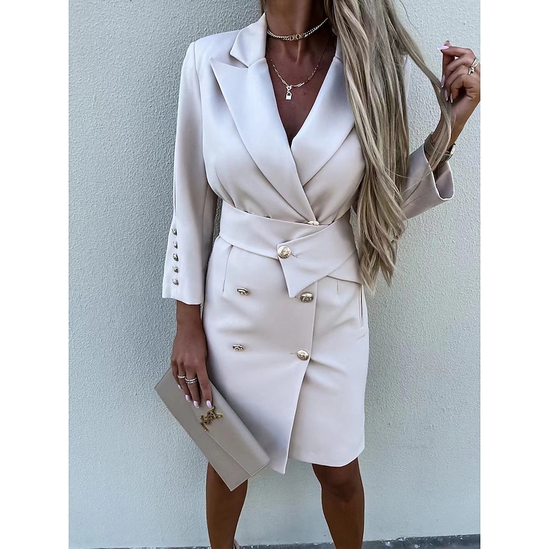 Women's Work Dress Blazer Dress Sheath Dress Fashion Office Daily Mini Dress Double Breasted Shirt Collar Long Sleeve Plain Loose Fit Black White Green Fall Winter S M L XL3