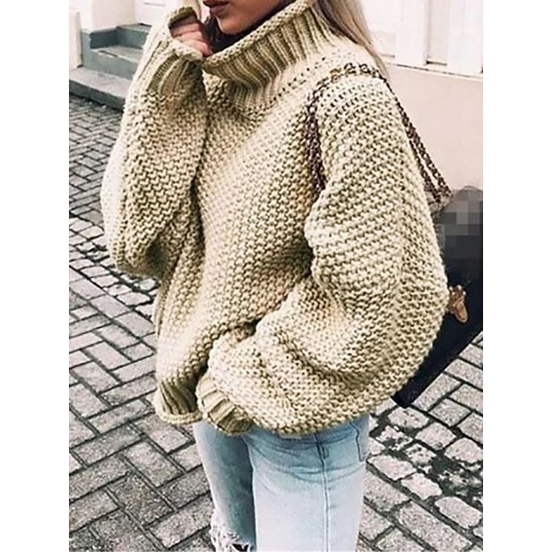 Women's Pullover Sweater Jumper Stylish Casual Soft Solid Color Ribbed Turtleneck Oversized Long Sleeve Regular Tops Knit Daily Going out Weekend Black Pink Fall Winter2