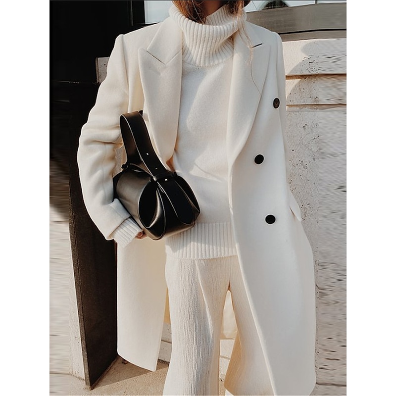 Women's Overcoat Long Pea Coat Double Breasted Lapel Trench Coat Windproof Warm Winter Coat with Pockets Fall Stylish Contemporary Modern Jacket Long Sleeve White Khaki2