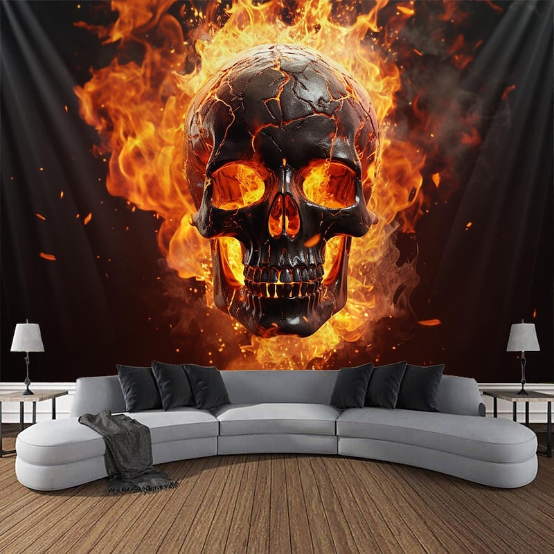 Halloween Fire Skulls Hanging Tapestry Wall Art Large Tapestry Mural Decor Photograph Backdrop Blanket Curtain Home Bedroom Living Room  Decorations3
