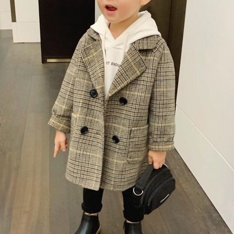 Kid's Boys Woolen Coat Outerwear Solid Color Plaid Long Sleeve Coat School Fashion Adorable Basic lattice Black Red Spring Fall 3-7 Years2