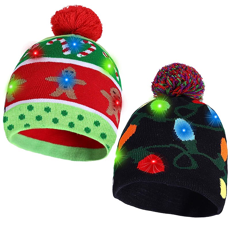 2 Pack LED Christmas Hat Light Up Christmas Hat Unisex Knitted Beanie Holiday Hat with Reindeer Christmas Tree Printing for Party2