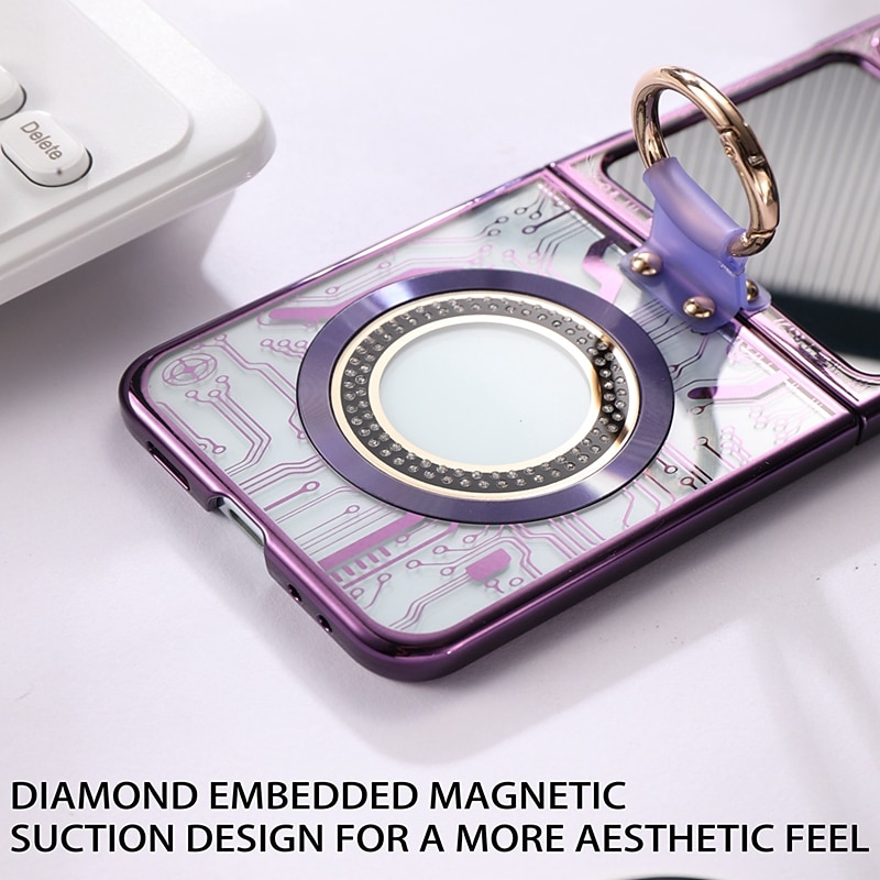 Phone Case For Z Flip 6 Z Flip 5 Back Cover Magnetic Adsorption With Magsafe with Stand Holder Ring Holder Full Body Protective Retro TPU Plating Metal4