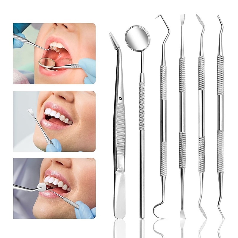 6 Pcs Dental Tools- Plaque Remover for Teeth - Professional Dental Hygiene Cleaning Kit 6-Pcs Stainless Steel Oral Care Set with Tweezer Tartar Scalar Mouth Mirror