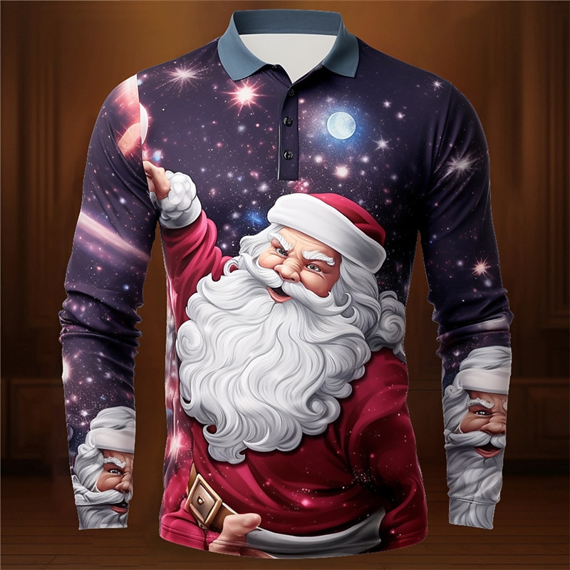 Christmas Men's Santa Claus 3D Polo Santa Claus Elk Casual Print 3D Golf Outdoor Casual Daily Streetwear Polyester Long Sleeve Turndown Shirts Navy Blue Ocean Blue Fall & Winter S M L Micro-elastic4