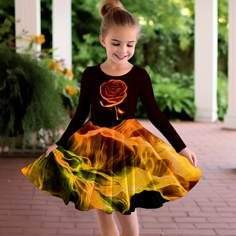 Girls' 3D Rose Dress Long Sleeve 3D Print Fall Winter Vacation Sports & Outdoor Daily Cute Casual Beautiful Kids 3-12 Years Casual Dress A Line Dress Above Knee Regular Fit3
