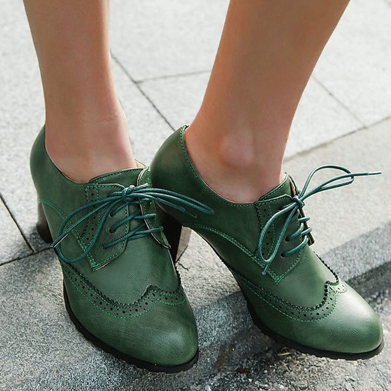 Women's Green Brogue Oxford Heels - Vintage Lace-Up Leather Shoes with Chunky Heel for Office and Casual Wear2