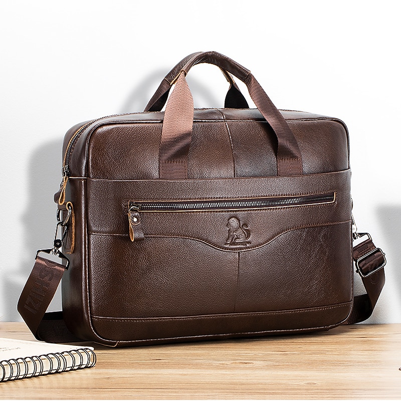 Premium Brown Leather Briefcase - Elegant Business Laptop Bag with Multiple Pockets, Durable for Professional Use and Travel