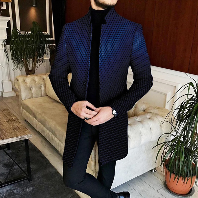 Men's Geometry Gradual Winter Coat Overcoat Coat Warm Comfortable Breathable Business Casual Work Wear to work Going out Pocket Print Fall & Winter Stand Collar Long Sleeve Navy Blue Blue Gray3