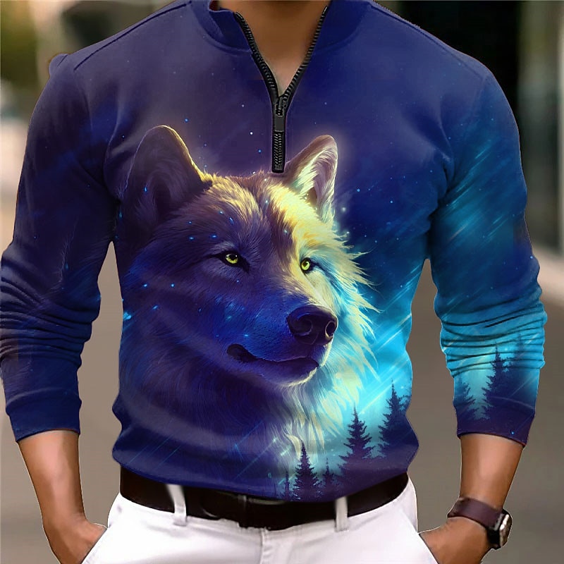 Men's Wolf Zip Polo Long Sleeve Polo Shirts Zip Abstract Outdoor Casual Daily Streetwear 3D Print Fall & Winter Red Navy Blue Blue4