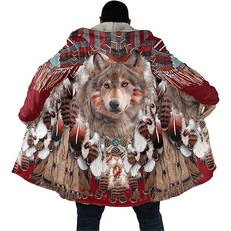 Men's Wolf Winter Coat Fleece Jacket Coat Comfortable Warm Breathable Vintage Abstract Sports & Outdoor Daily Wear Going out Zipper Pocket Print Fall & Winter Hoodie Long Sleeve Burgundy