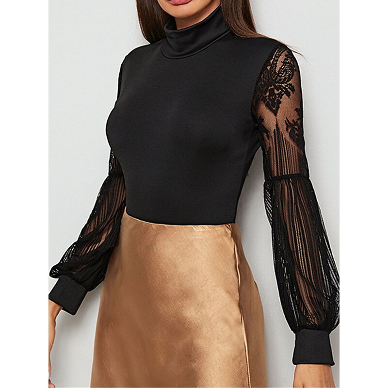 Women's Normal Bodysuit Elegant Solid Color Long Sleeve Lantern Sleeve Stand Collar Lace High Waist Work Street Regular Fit Black Fall 6