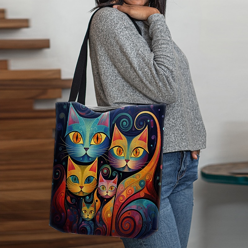 Women's Colorful Cat Print Tote Bag, Artistic Design with Large Capacity, Perfect for Daily Use or Shopping2