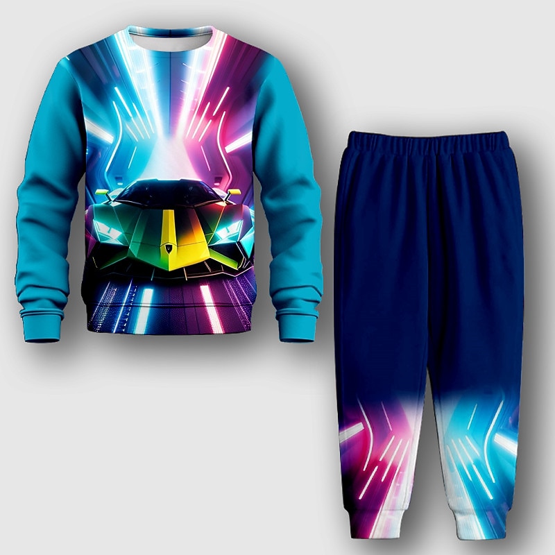 Boys 3D Graphic Car Sweatshirt & Sweatpants Set Set Long Sleeve 3D Printing Fall Winter Active Fashion Cool Kids 3-12 Years Crew Neck Outdoor Vacation Street Regular Fit2