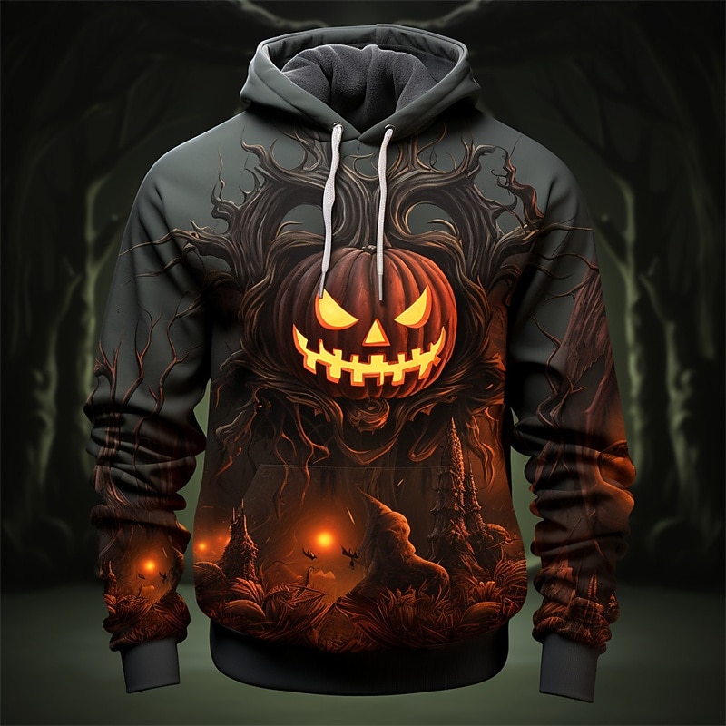 Men's Pumpkin Graphic Prints Hoodie Hoodies Sweatshirt Daily Classic Long Sleeve Hooded Halloween Holiday Going out Black Orange Print Spring &  Fall Designer3